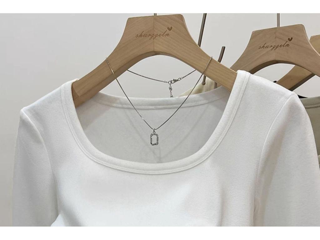 Women's U-Neck White Long Sleeve Fleece Lined T-Shirt, Slim Fit - 2024 Spring/Autumn/Winter Collection
