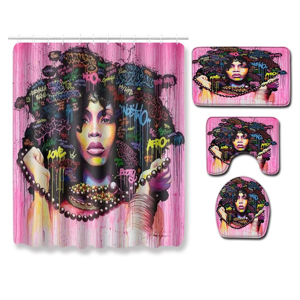 African American Women'S Bathroom Four-Piece Combination Set Household Door Mat Absorbent Non-Slip Floor Mat Carpet