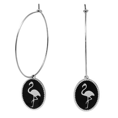 [Q2479] - Black Silver 'Flamingo' Steel Designer Hoop Earrings - 33 Mm - 18x14 Mm