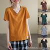 Silk Cotton White Short Sleeved Shoulder T-shirt for Women's Spring/summer V-round Neck Basic Top