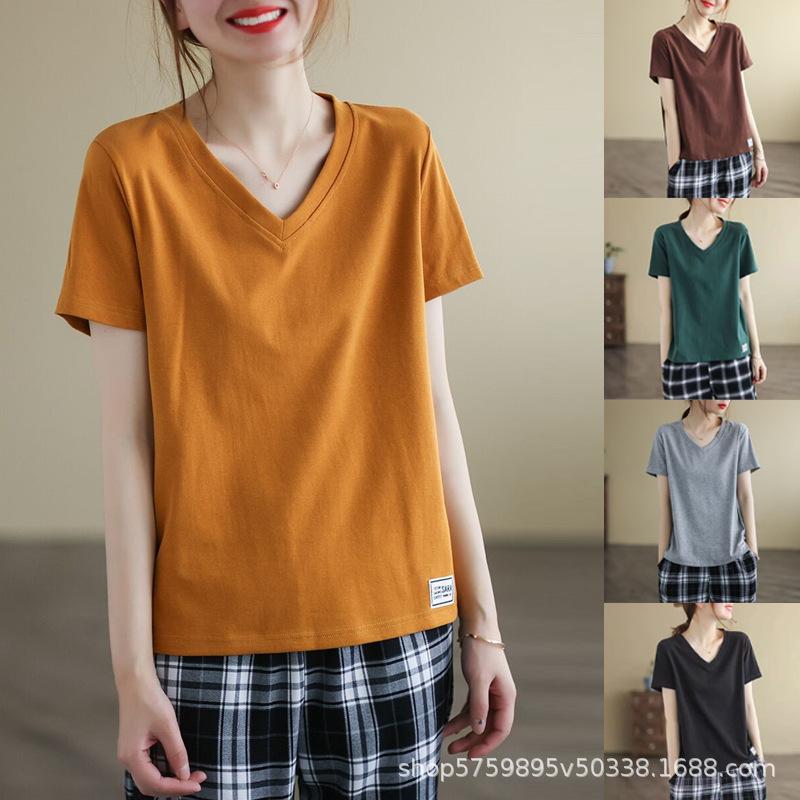Silk Cotton White Short Sleeved Shoulder T-shirt for Women's Spring/summer V-round Neck Basic Top
