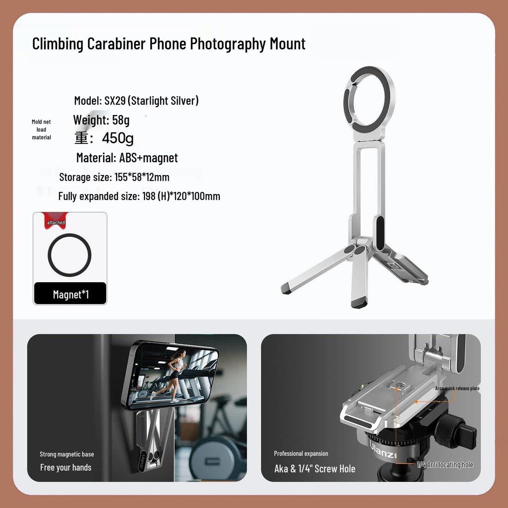 Foldable Magnetic Phone Holder & Tripod with Aluminum Carabiner for Live Streaming & Travel