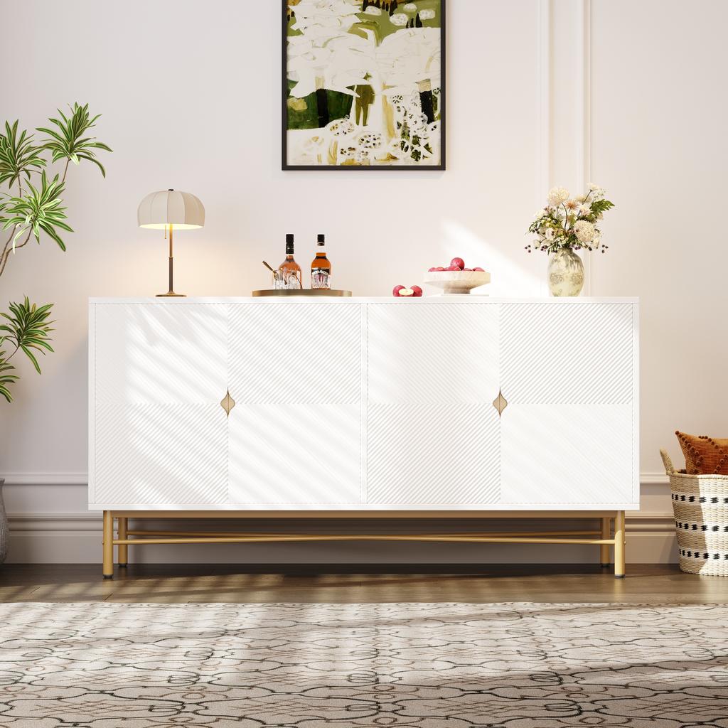 Sideboard with Raised Texture 160cm, with Four Doors, Golden Brushed Handles and High-Gloss Table Legs, White, 160×40×82cm(old sku N657P28156667W)