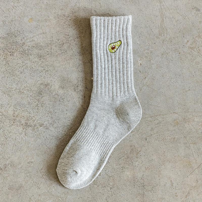 Men's Embroidered Avocado High-Top Cotton Sports Socks - Autumn/Winter Trendy, Breathable, Hip Hop Style.