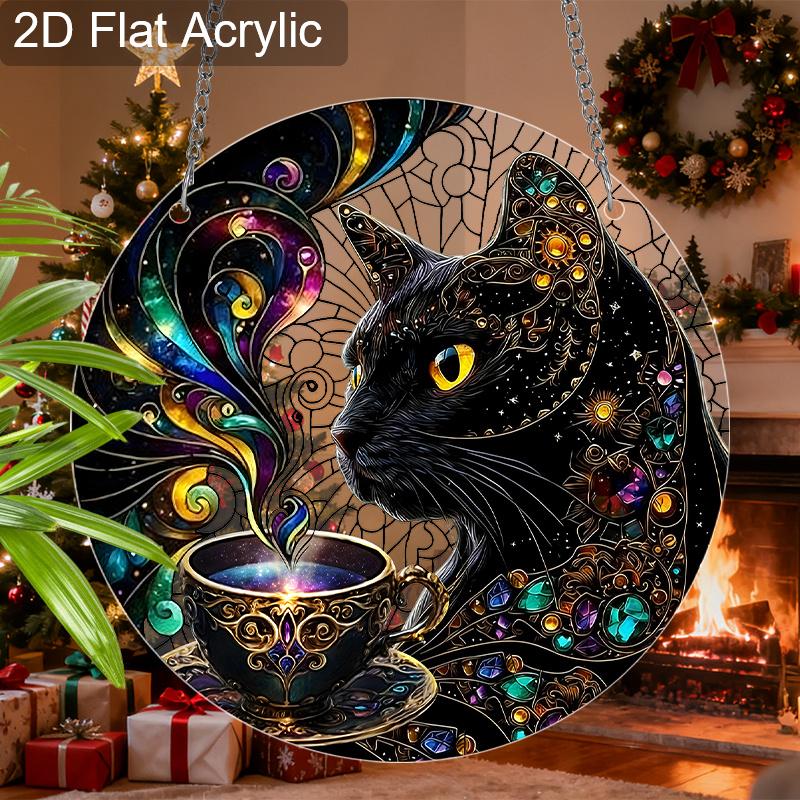 Acrylic Cosmic Black Cat with Magical Teacup Suncatcher, Stained Glass Effect Window Hanging Ornament for Mystical Cat Lover Gifts
