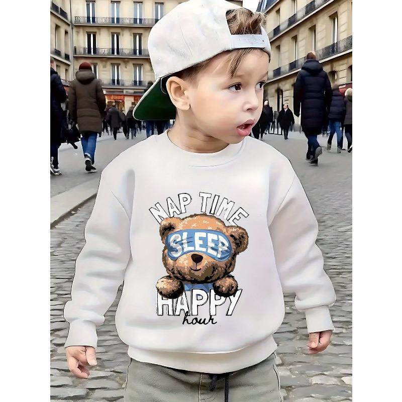 Crewneck Long Sleeve Kids Sweatshirt, Cute Sleepy Bear Cartoon Print 110 белый