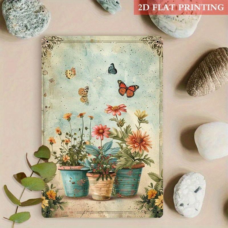 Vintage Metal Tin Sign Wall Art Floral Butterflies Decor for Home Living Room Kitchen