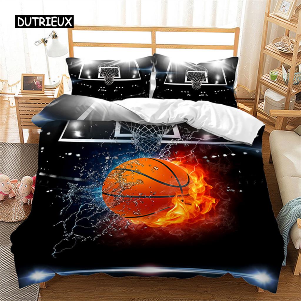 Boys Basketball Duvet Cover 3D Ball Pattern Sports Theme Bedding Set Queen Microfiber Football Competitive Game Comforter Cover