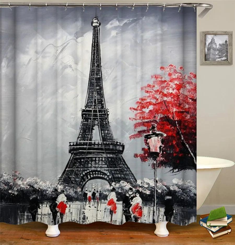 Eiffel Tower Paris Scenery Shower Curtain Vintage Scenery Cherry Blossom Butterfly Polyester Fabric Bath Curtains Bathroom Decor