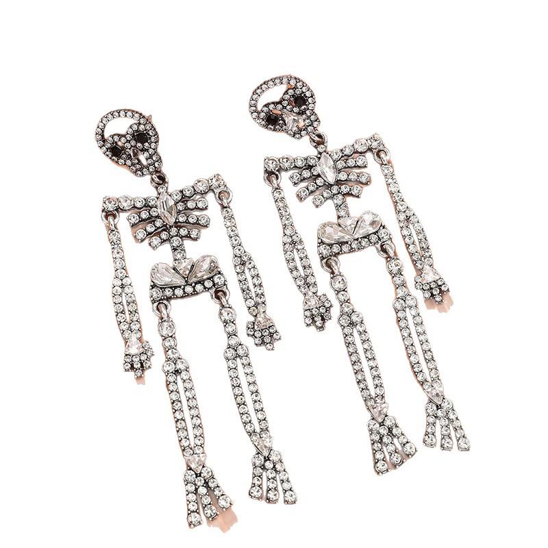 Exaggerated Diamond Skull Earrings: Retro Halloween Skeleton Dangles for Women