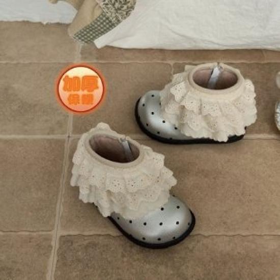 

Keluli girls cotton shoes with fleece lining, autumn and winter leather boots, vintage French polka dot girls leather shoes, children s cotton 30 срібний