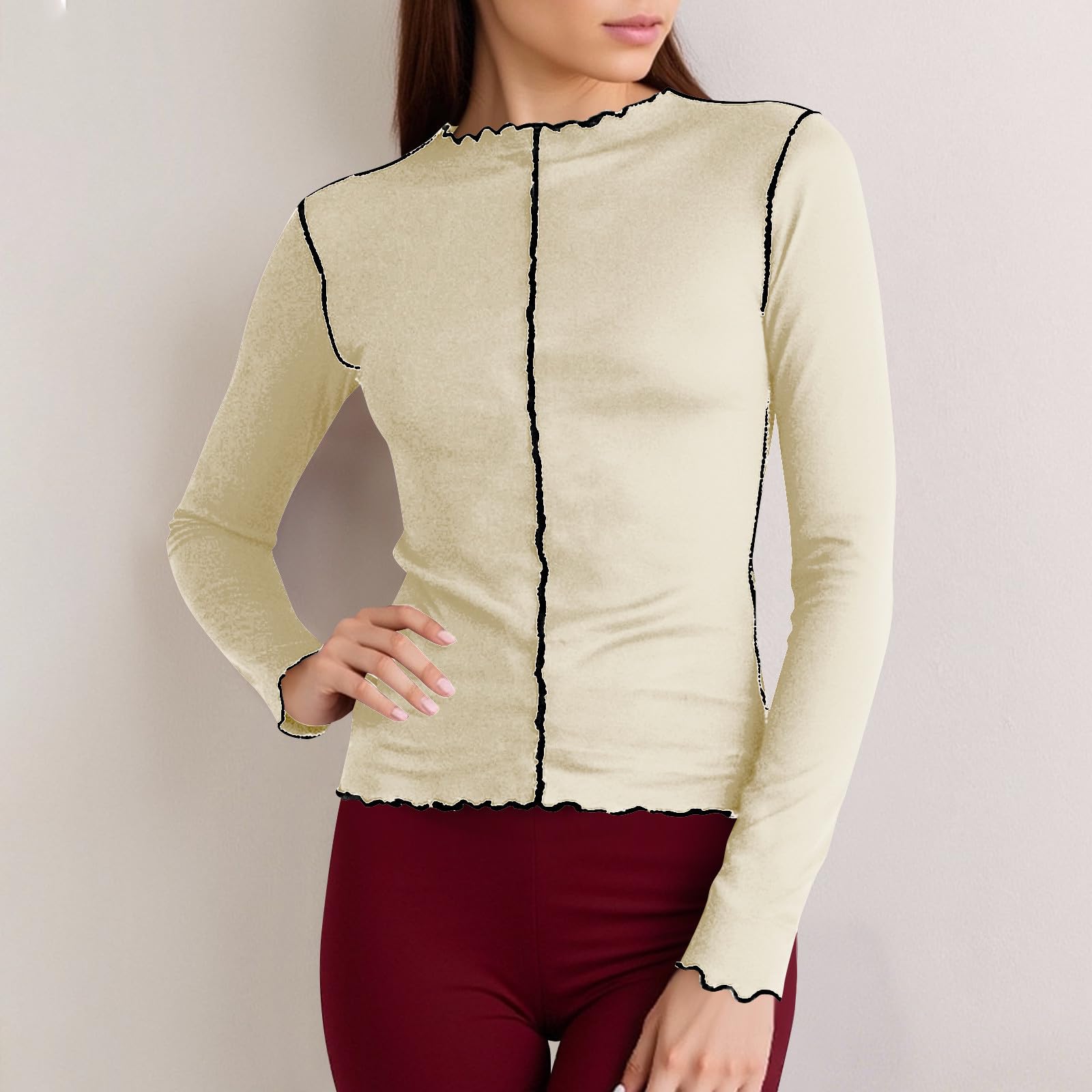 

Ladies Casual And Fashionable Contrasting Color Rolled Edge Half High Neck Long Sleeved T-shirt With Trendy Style Top L