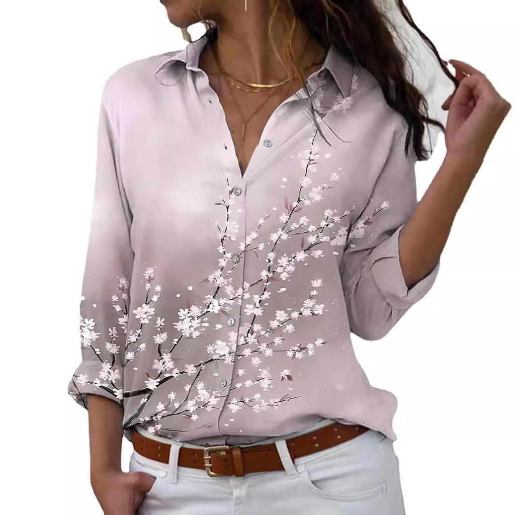 Frühlings- und Herbst Damen Pfirsichdruck Tops Übergröße Locker V-Ausschnitt Langarmshirt