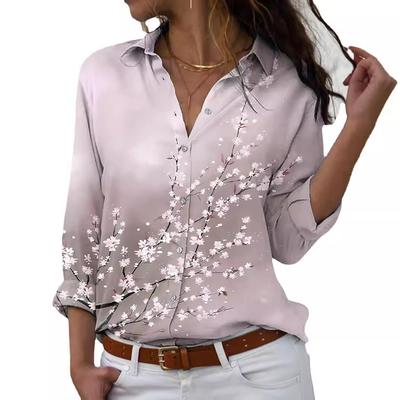 Spring and Autumn Women's Peach Print Tops Plus Size Loose V-Neck Long Sleeve Shirt