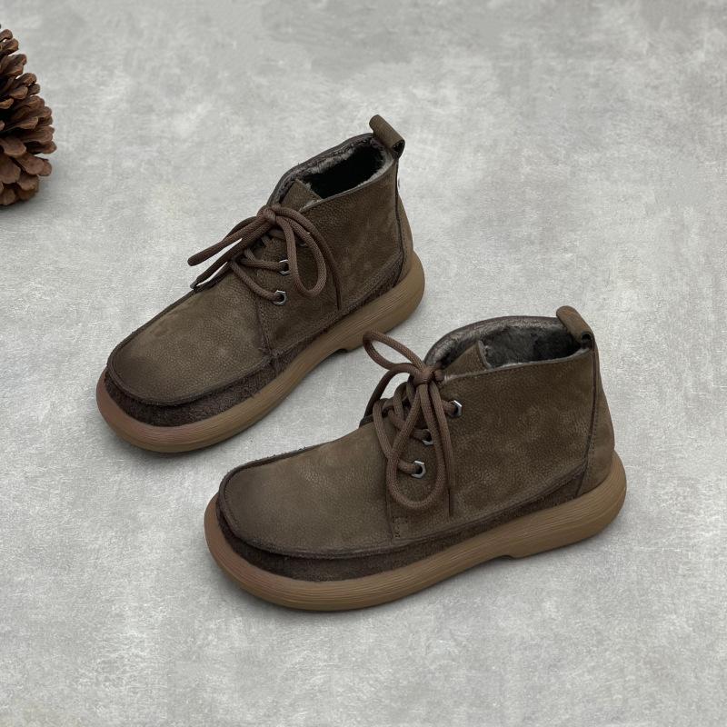 Warm Women's Cotton Boots, Flat Lace-up Round Toe Casual Soft Leather Cotton Shoes