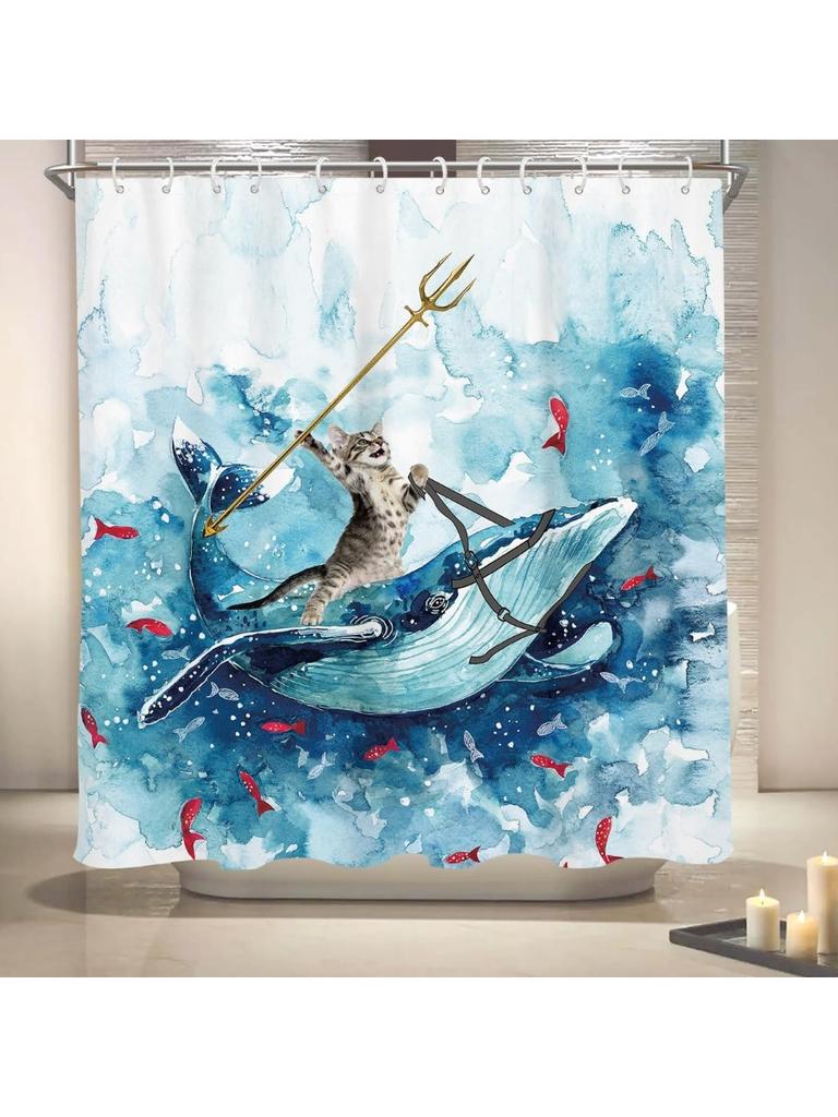 Funny Cat Shower Curtain Long Cute Fun Cool Riding Whale Ocean Wave Anime Kids Beach Nautica Theme Sea Fish Hilarious Bathroom