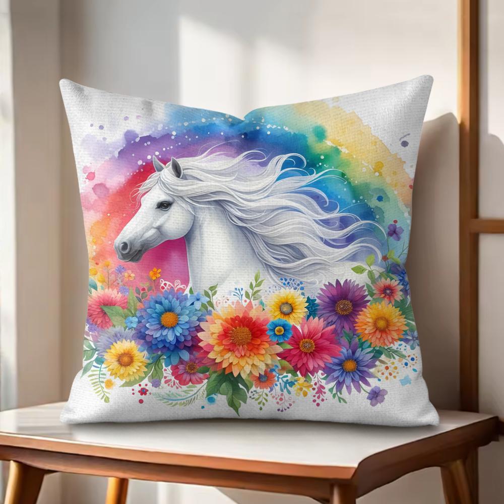 Watercolor Horse Floral Cushion Cover Natural Linen Organic Fabric DoubleSided Printing Couch Pillow Covers Home Decor
