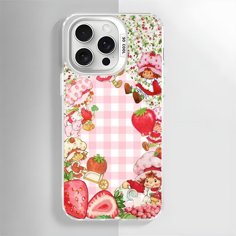 Pink Strawberry Cartoon S-Shortcake Phone Case For iPhone 16 15 14 13 12 11 Pro Max White Matte Laser Metallic Aurora Funda