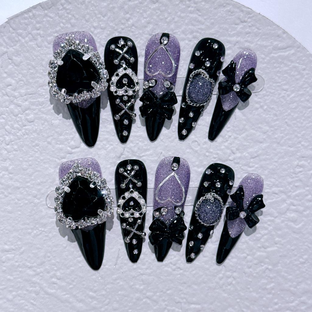 10 Pcs Y2K Black Stiletto Almond Press On Nails Handmade False Nails With 3D Bow Heart Design