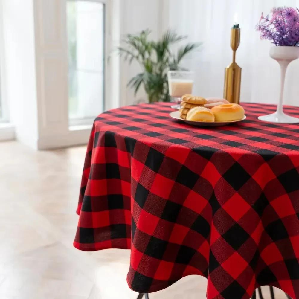 Ins Nordic Christmas Red and White Plaid Tablecloth Cotton and Linen Round Party Decoration Hotel Restaurant Placemat Reusable