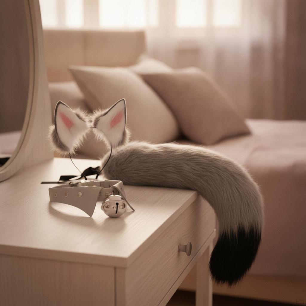 Faux-Faux-Fleece Cat Ears Headband and Tail Bell Collar Set Soft