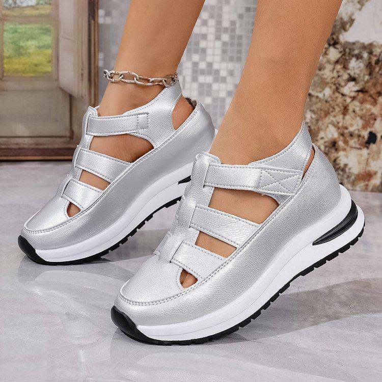 2025 Summer Women's Platform Closed-Toe Wedge Sandals, Breathable, Hollow Design, Plus Size 43, Thick Sole, Velcro Closure