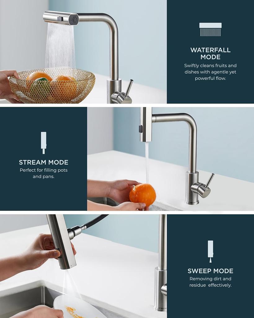 4 Modes Waterfall Kitchen Faucet Stream Sprayer Stainless Steel Hot Cold Single Hole Deck Mounted Water Sink Mixer Wash Tap 3668