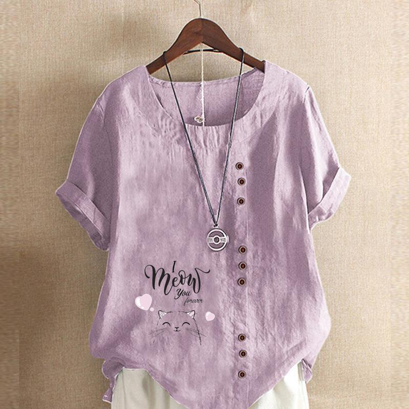 Women's Fashion Cat Letters Prined Short Sleeve T-shirt Loose Cotton Shirt Casual Loose Summer Blouse Tops Plus Size