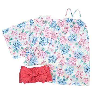 Yukata Kleid Kinder Hortensie Einteiler mit Obi 3-teiliges Set 110 Weiß-Rose