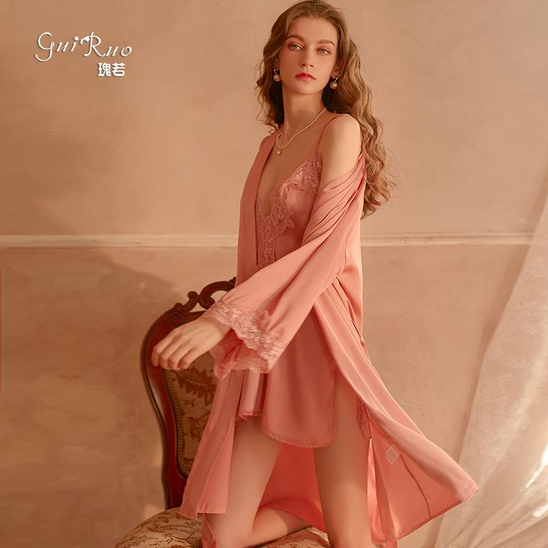 Women's Satin Lace Lightweight Cardigan Tie Robe Bathrobe Cami Sleep Dress Set