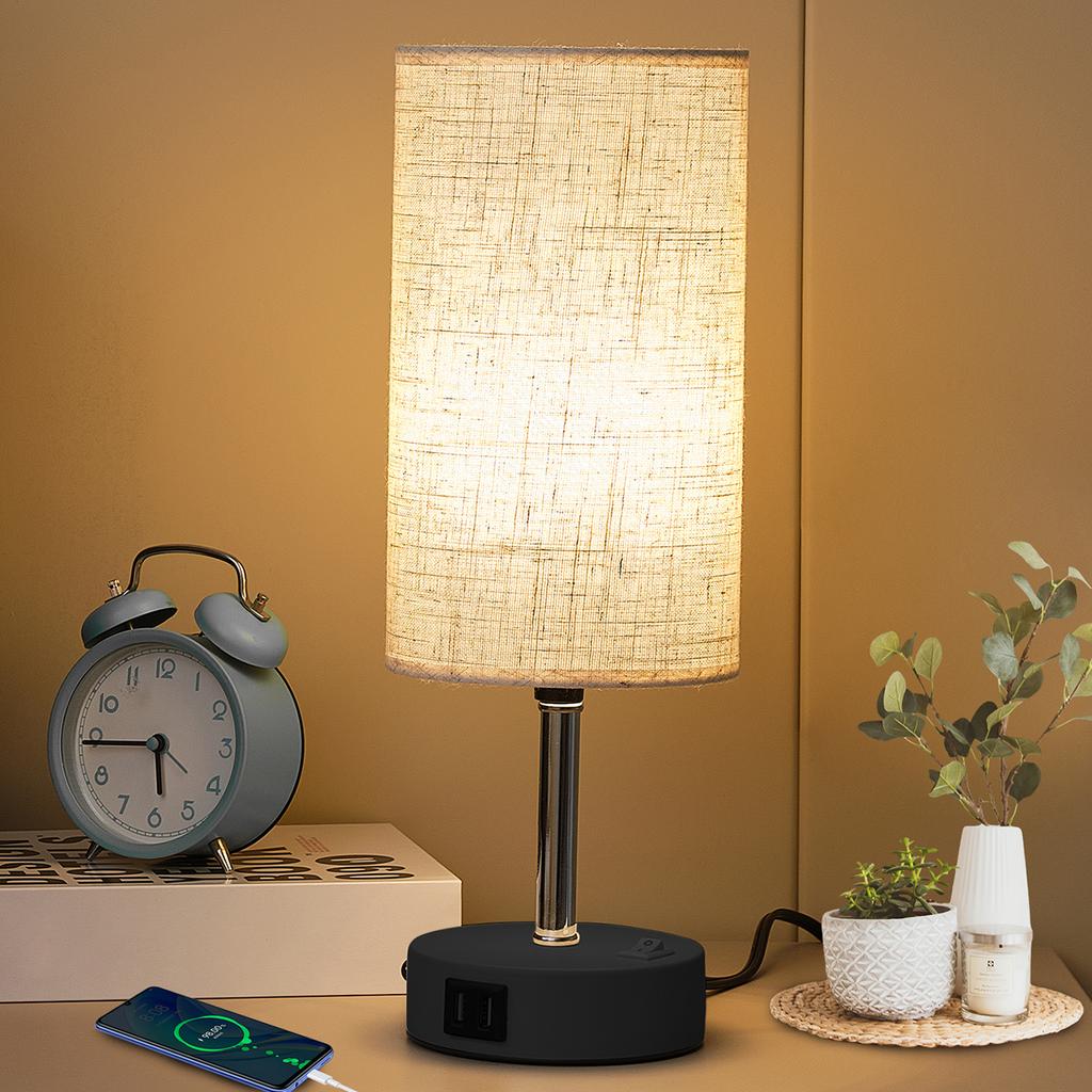 E27 bulb desk lamp with USB port circular linen lampshade suitable for bedroom bedside table decoration light without bulb