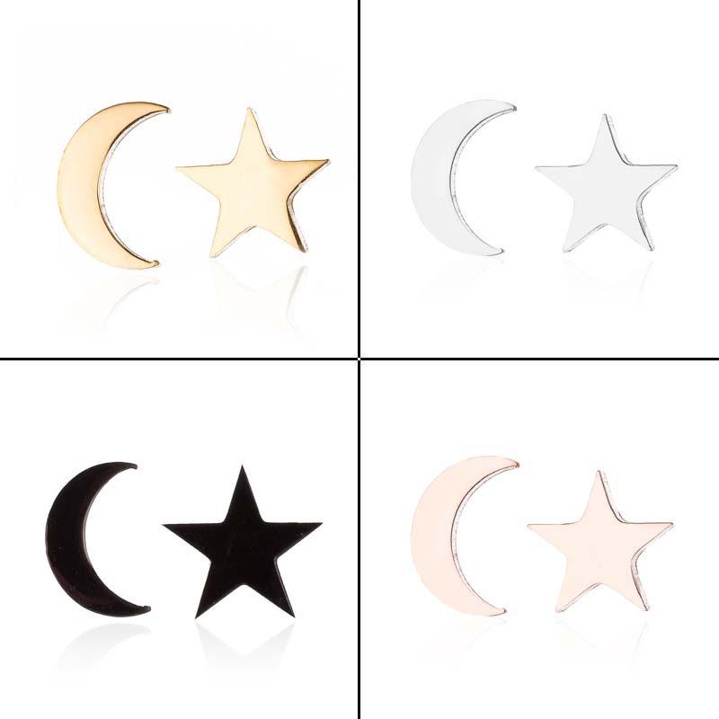 Asymmetrical Korean Moon and Star Stainless Steel Earrings