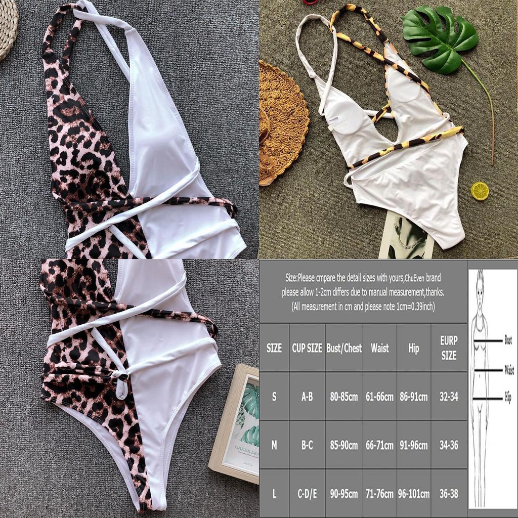 Luxurious Leopard One Piece Bikini Bathing Patchwork Padded Deep V Bandage Halter Swimsuit