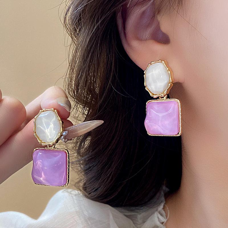 Sparkling Resin Irregular Square Stud Earrings Korean Personality Earrings Sweet Small Fresh Earrings