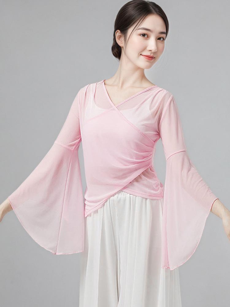 Women's Classical Chinese Dance Bell Sleeve Top - Sheer, Long Sleeve, Body Shaping Dancewear for Adults