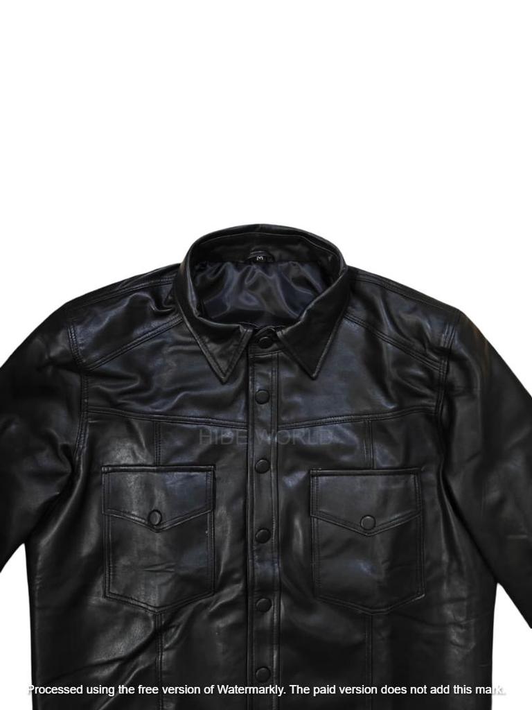 Cămașă din piele naturală de miel pentru bărbați, elegantă, neagră, lucrată manual, la modă, casual