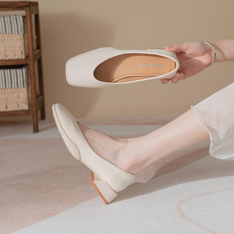 

Туфли на толстом каблуке во французском стиле для женщин, осень 2024 г., новые повседневные туфли с квадратным носком и мелким вырезом, дышащие, универсальные женские туфли Traf 40 бежевый