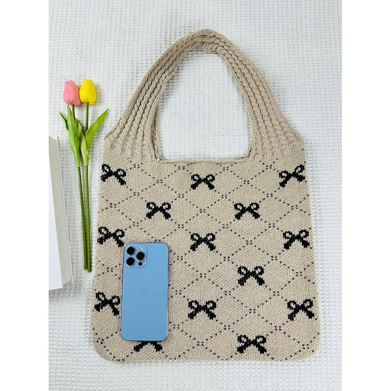[Qicarkey] fashion bowknot pattern crochet tote bag aesthetic bag summer beach/travel bag large capacity Y2K fairy grunge ladies Hobo bag (Khaki with