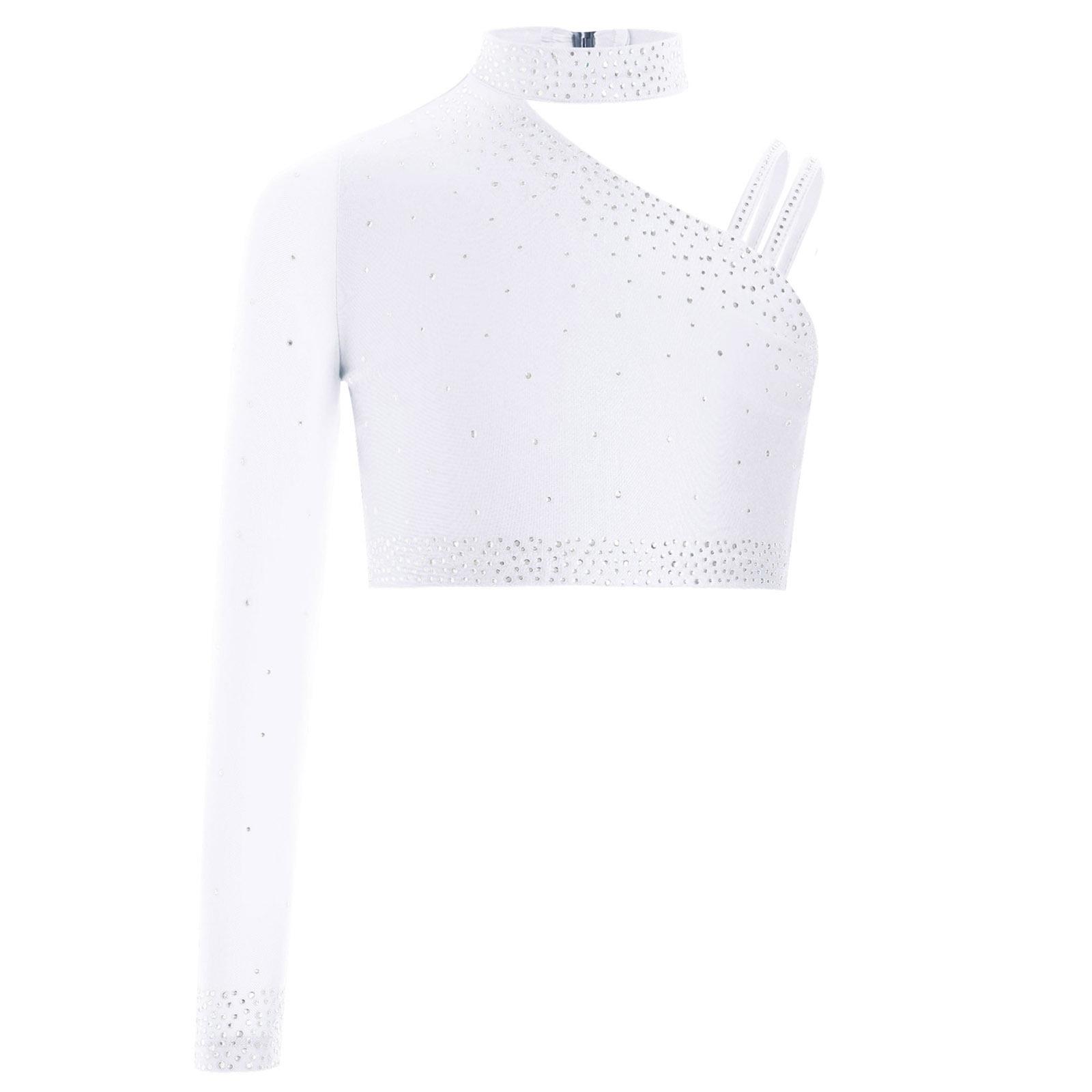 

Дівчачий танцювальний топ зі стразами, асиметричний дизайн плечей, блискучий укорочений топ для сценічних виступів та змагань 11-12 Years білий