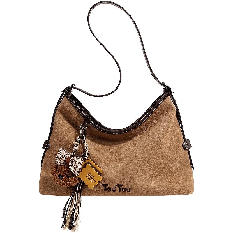Toutou Women s Vintage Suede Tote Bag with Dog Pendant Large Tote with Dog Biscuit Pendant