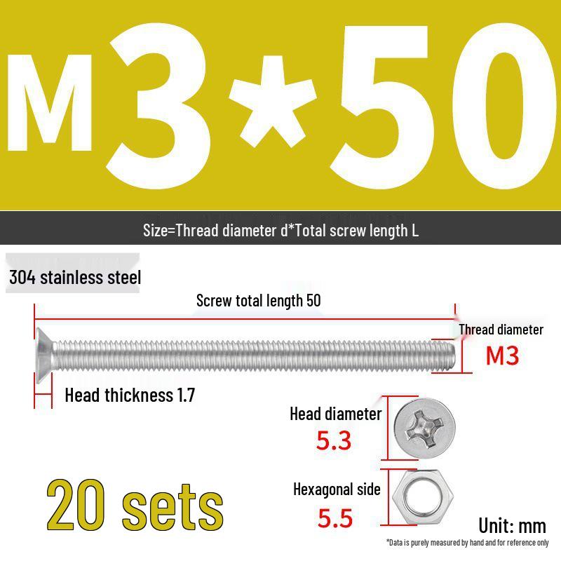 304 Stainless Steel Extra Long Phillips Flat Head Screws and Nuts Set (2M, 3M, 4M)