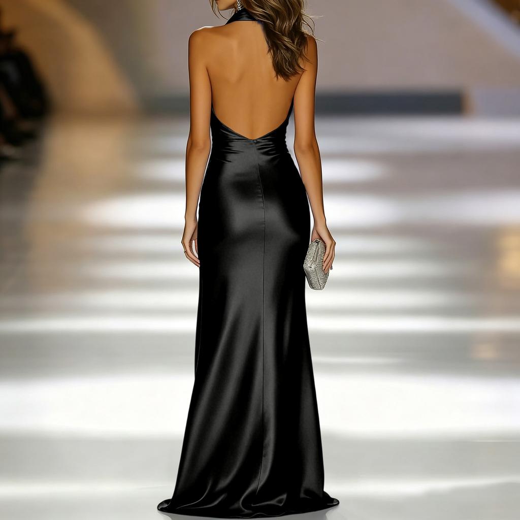 Women's Satin Evening Dress Halter Neck Long Gown Deep V Neckline Backless Formal Dress Floor Length