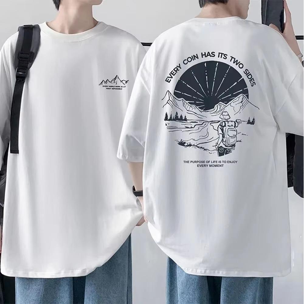 Men's Cotton T-shirt Front Back Print Half Sleeve T-shirt Men's Cotton Summer Loose Oversized Casual O-neck Male Tees
