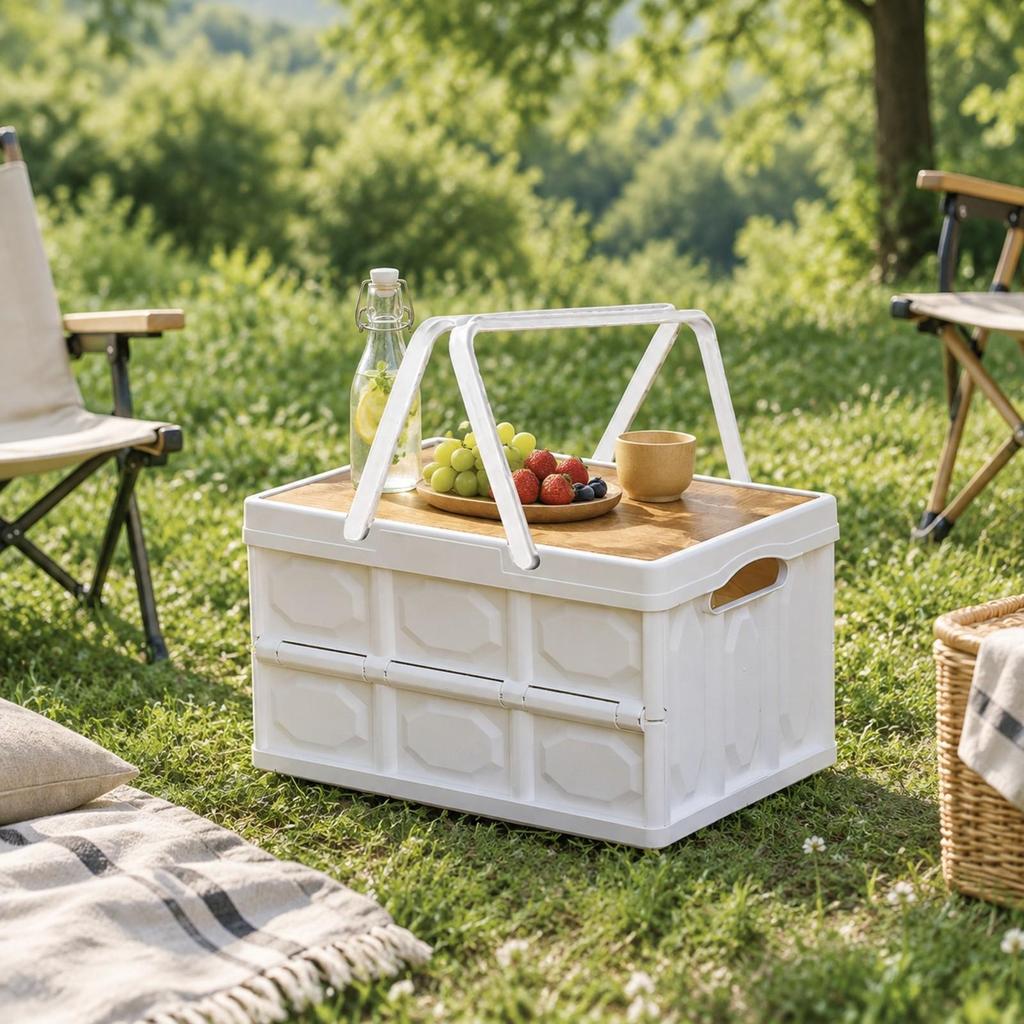 Folding Storage Box with Wood-Look Tabletop Compact Portable