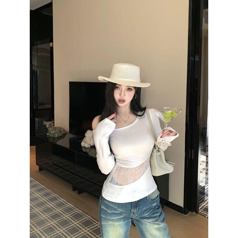 Kumikumi Gyaru Style White Lace Stitching off-the-Shoulder T-shirt Women Autumn New Age-Reducing Chic Slimming Top