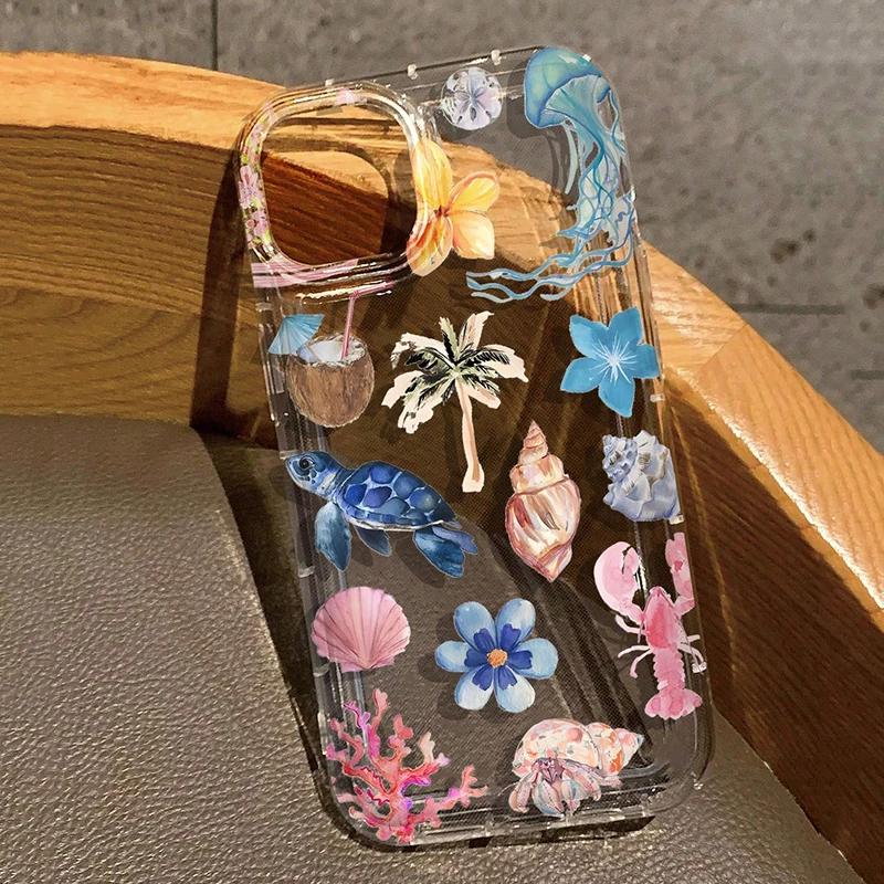 

Marine Animals Sea Turtle Print Clear Phone Case For iPhone 11 12 13 14 15 16 Pro Max XS X XR 7 8 Plus 16e SE 2025 Cover For iPhone 12