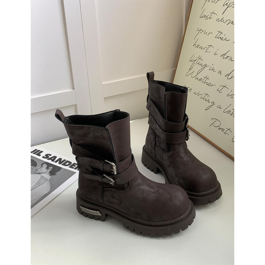 European Goods 2025 Autumn New Thick-soled Heightening Locomotive Martin Boots Women's Leather Retro Mid-tube Western Knight Boots