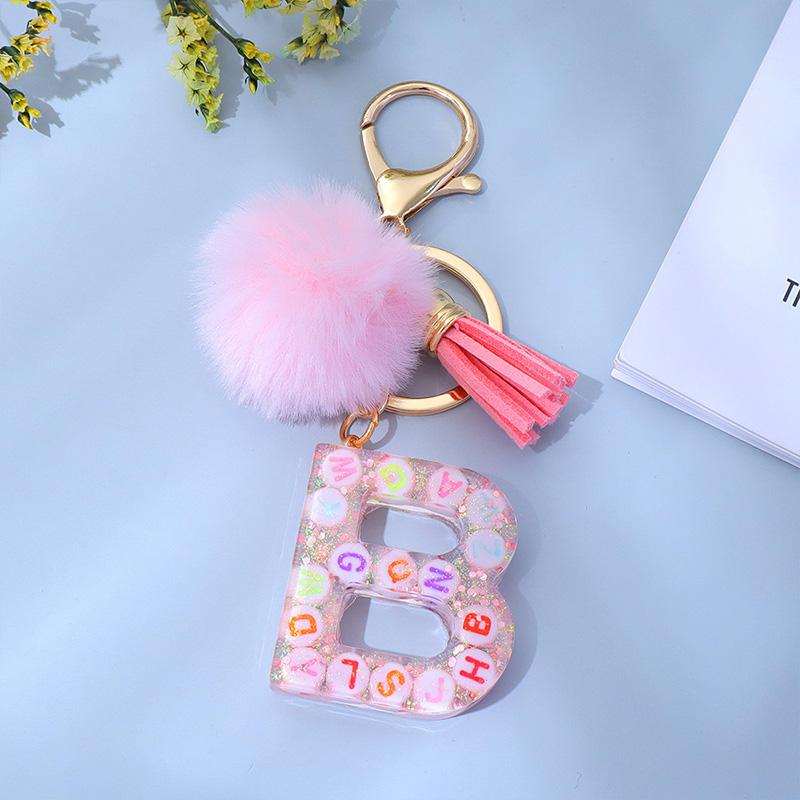 1PC Keyring Key Accessory Letter Filled Colourful Initial Pendant With Fluffy Keychain Glitter Tassel Charms For  Bags Backpacks