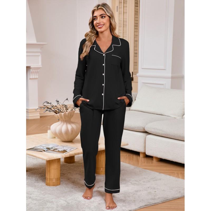 Womens Comfortable Lounge Set Long Sleeve Button-Up Top With Pocket Pants Casual Home Wear