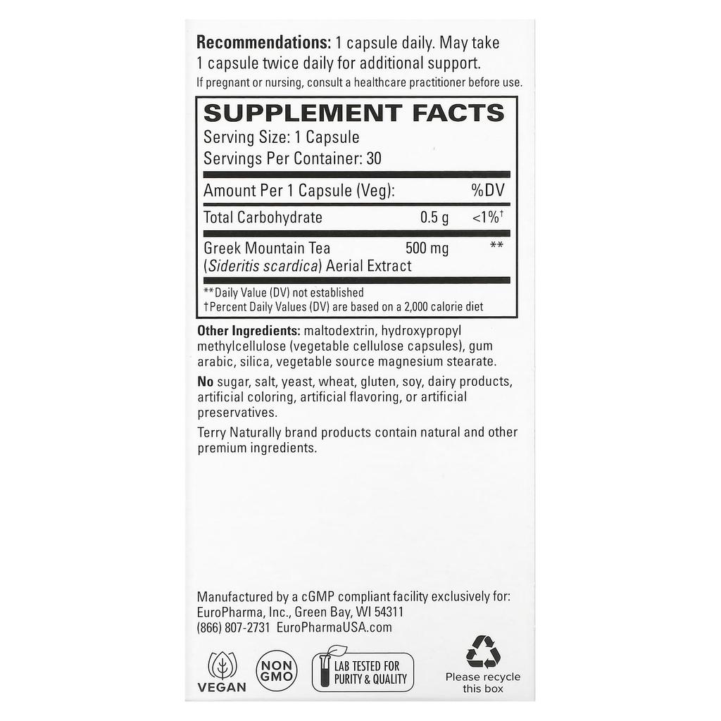 Greek Mountain Tea, 500Mg, 30 Capsules